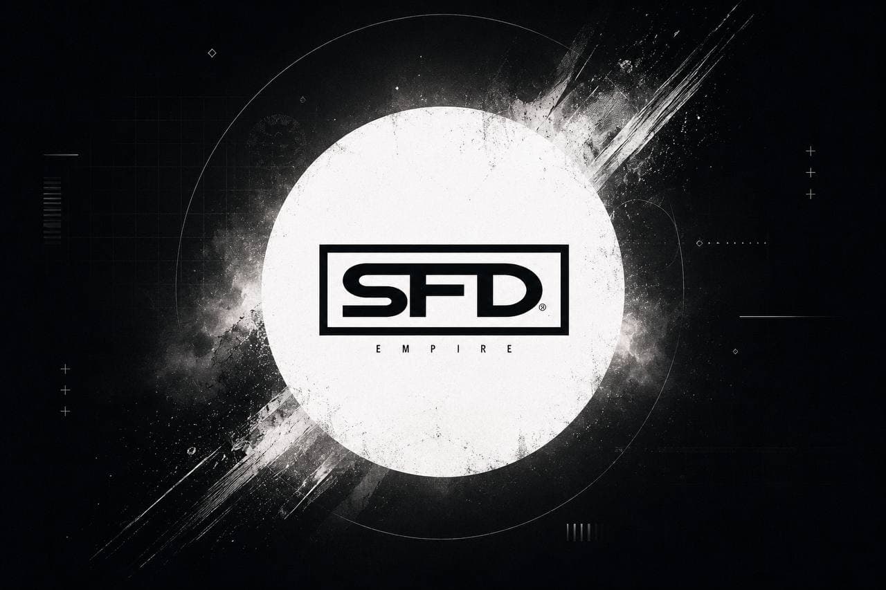 Black SFD Empire wordmark inside a white circle on a textured black background.